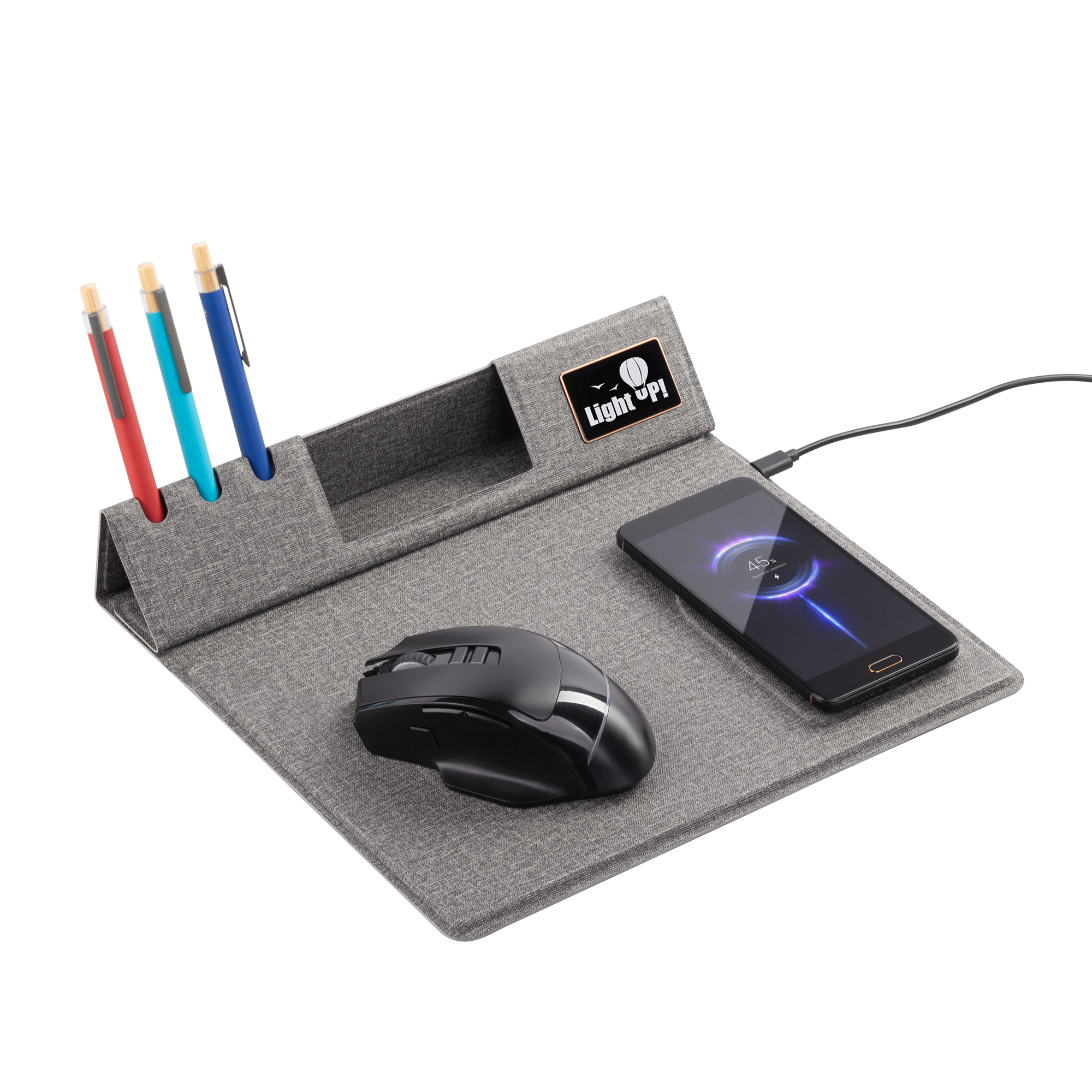Настольная складная подставка "Cool Mat" с беспроводным (15W) ЗУ, сенсорной подсветкой логотипа, функцией MagSafe и ковриком для мыши
