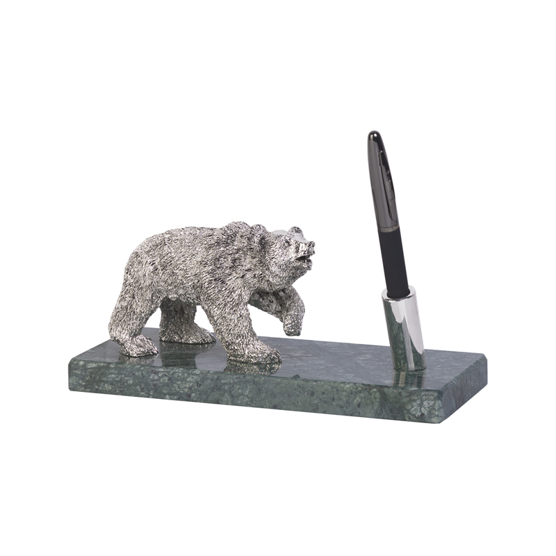 Подставка настольная "Медведь", с ручкой, на мраморной основе, посеребрение, h 10 см