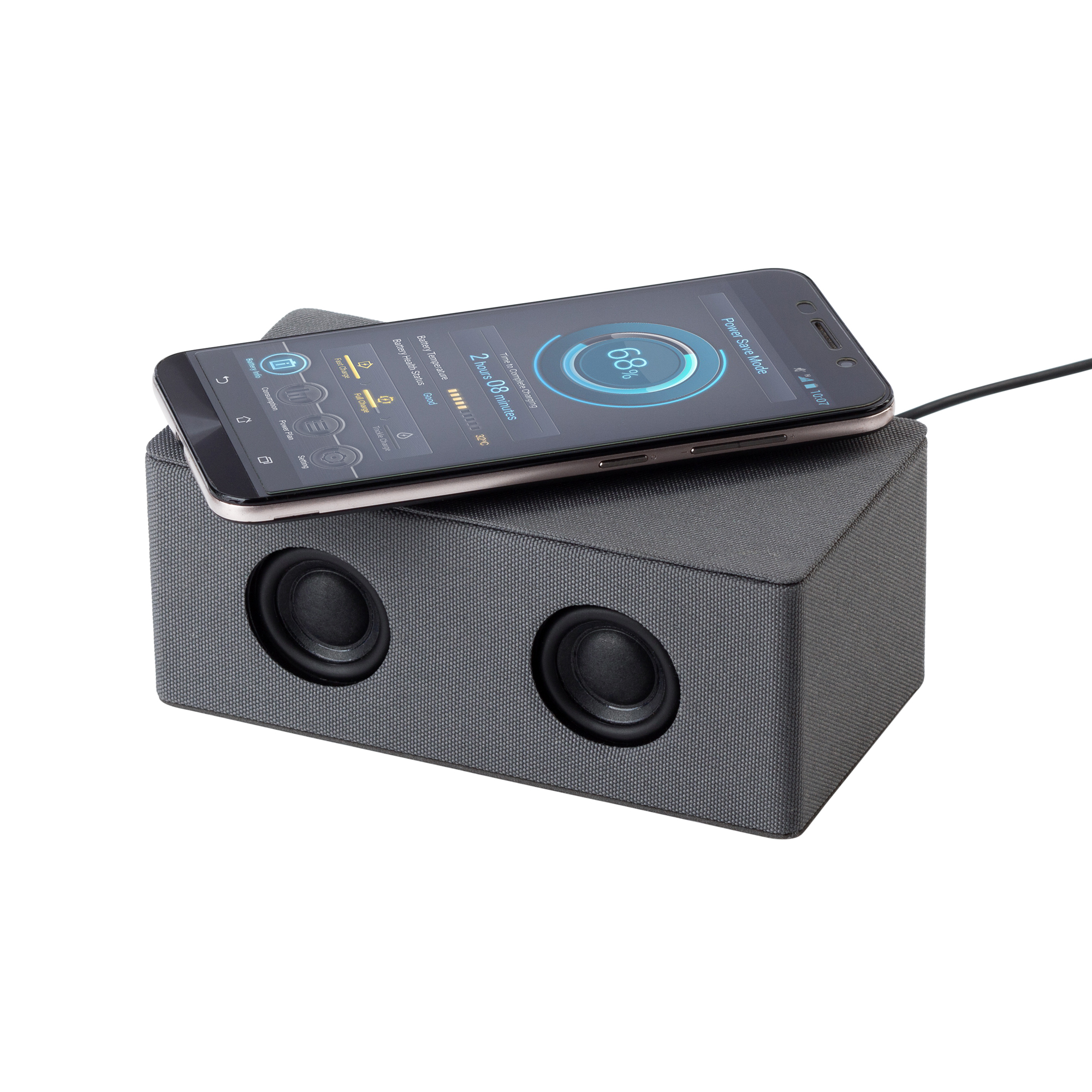 Bluetooth колонка "Cool Gray" с двумя динамиками (2х3Вт) и беспроводным зарядным устройством, переработанный пластик (RPET)