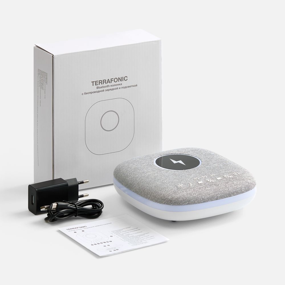 Bluetooth колонка с беспроводной зарядкой и подсветкой Terrafonic, серая